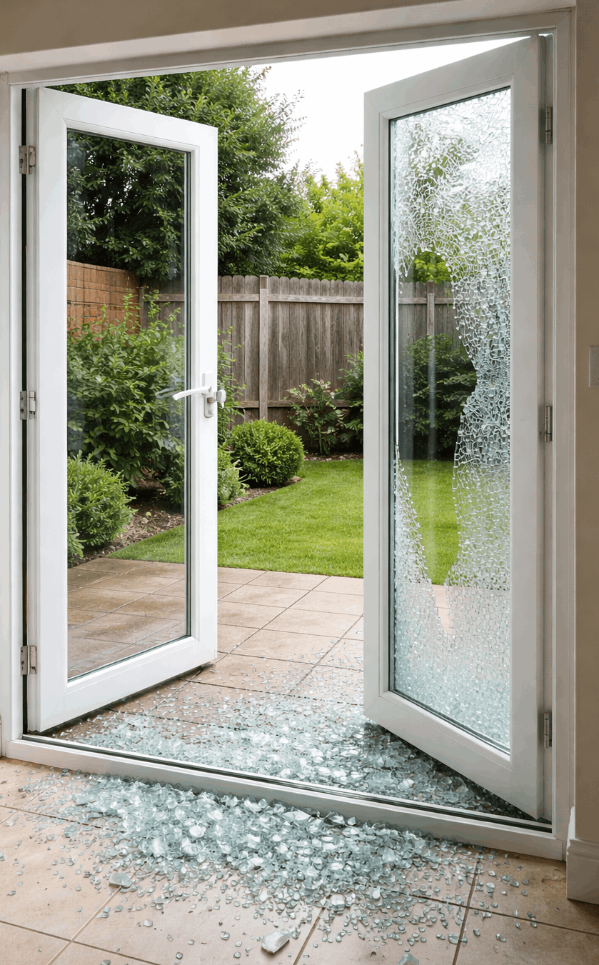 toughened glass broken leaving the property insecure