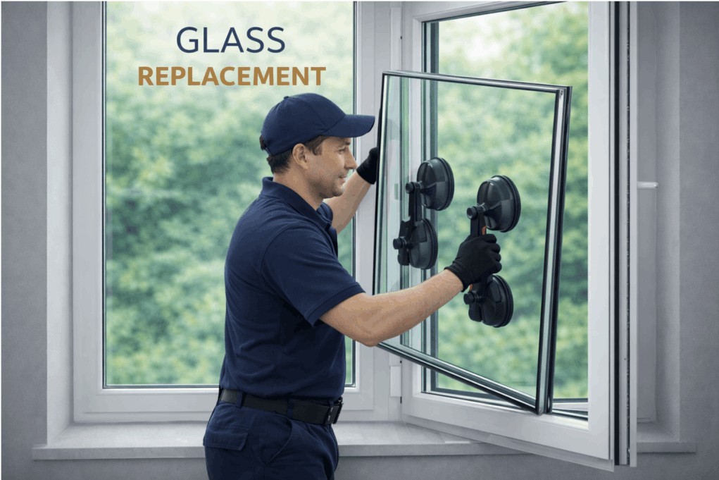 A technician in a navy uniform Professional window technician replacing a double‑glazed glass unit using suction lifters on a white uPVC frame, with greenery outside — glass replacement service in Fleetwood.