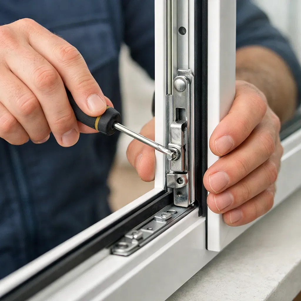 Close‑up of a technician adjusting a uPVC window locking mechanism with a screwdriver — professional window repairs in Wyre.