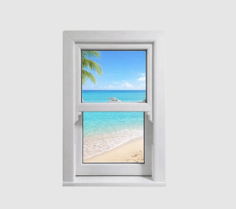 A white vertical sliding window is shown open, revealing a tropical beach scene outside with blue sky, turquoise water, sandy shore, and palm tree leaves in the corner.